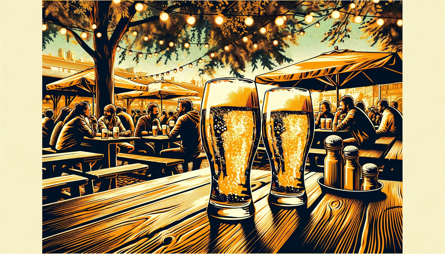 Two pilsner beers sitting on a wood table in a beer garden with patrons in the background.